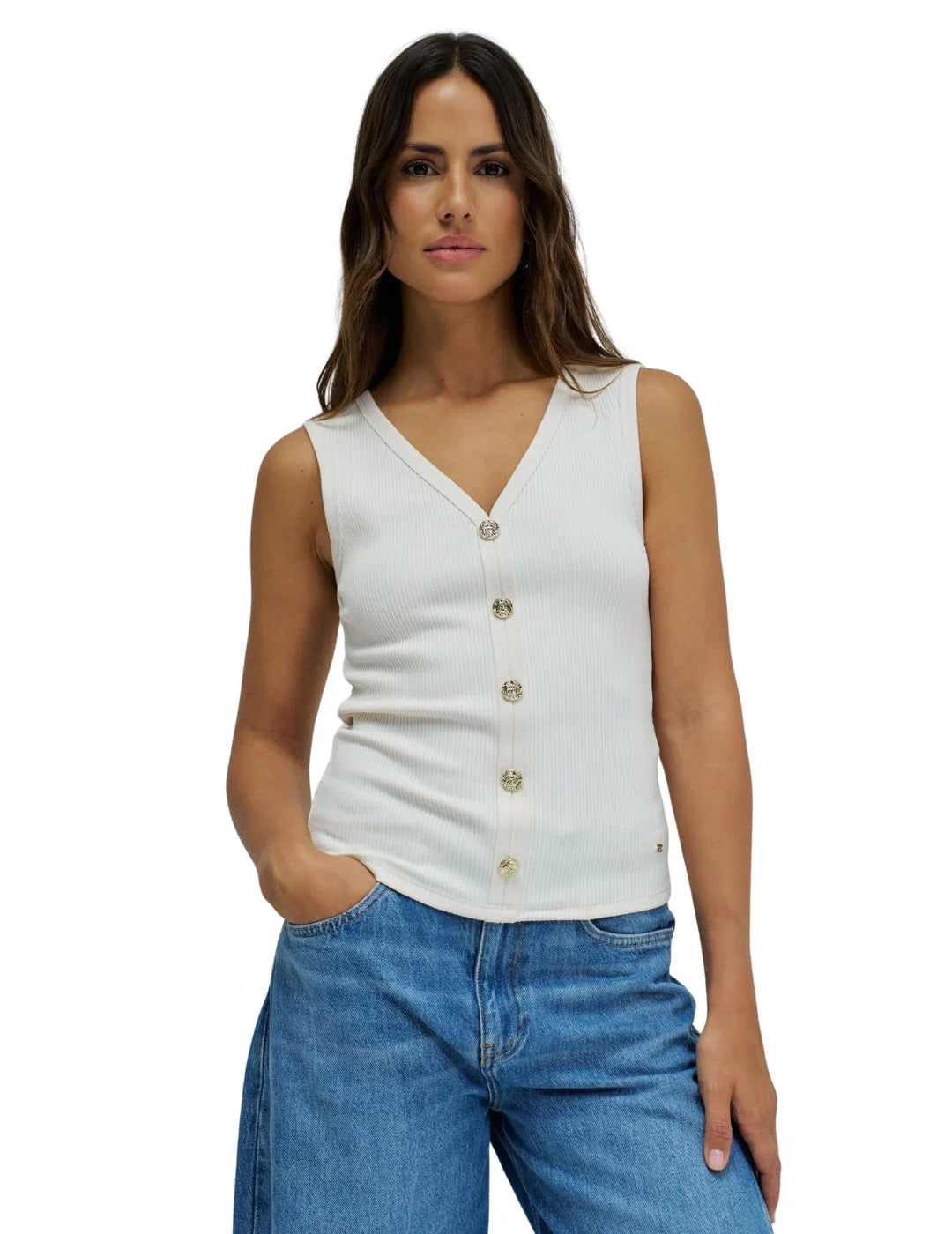 Top Acanalado Botones Salsa Jeans Arena | Bicos de Fío