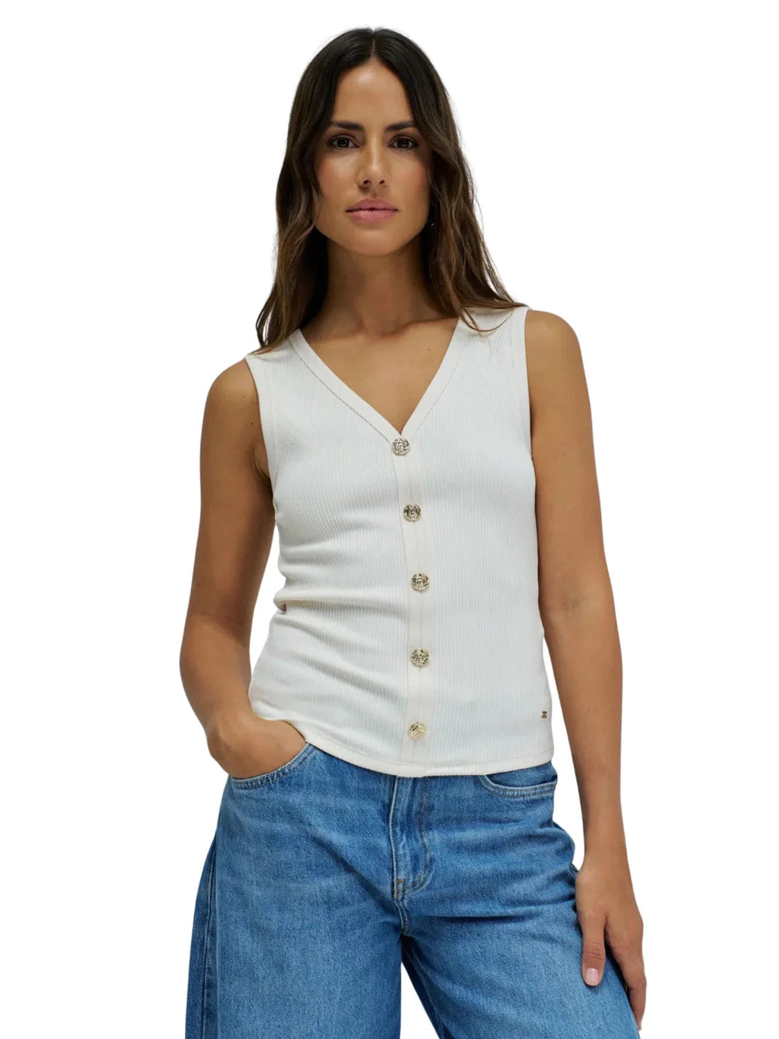 Top Acanalado Botones Salsa Jeans Arena | Bicos de Fío