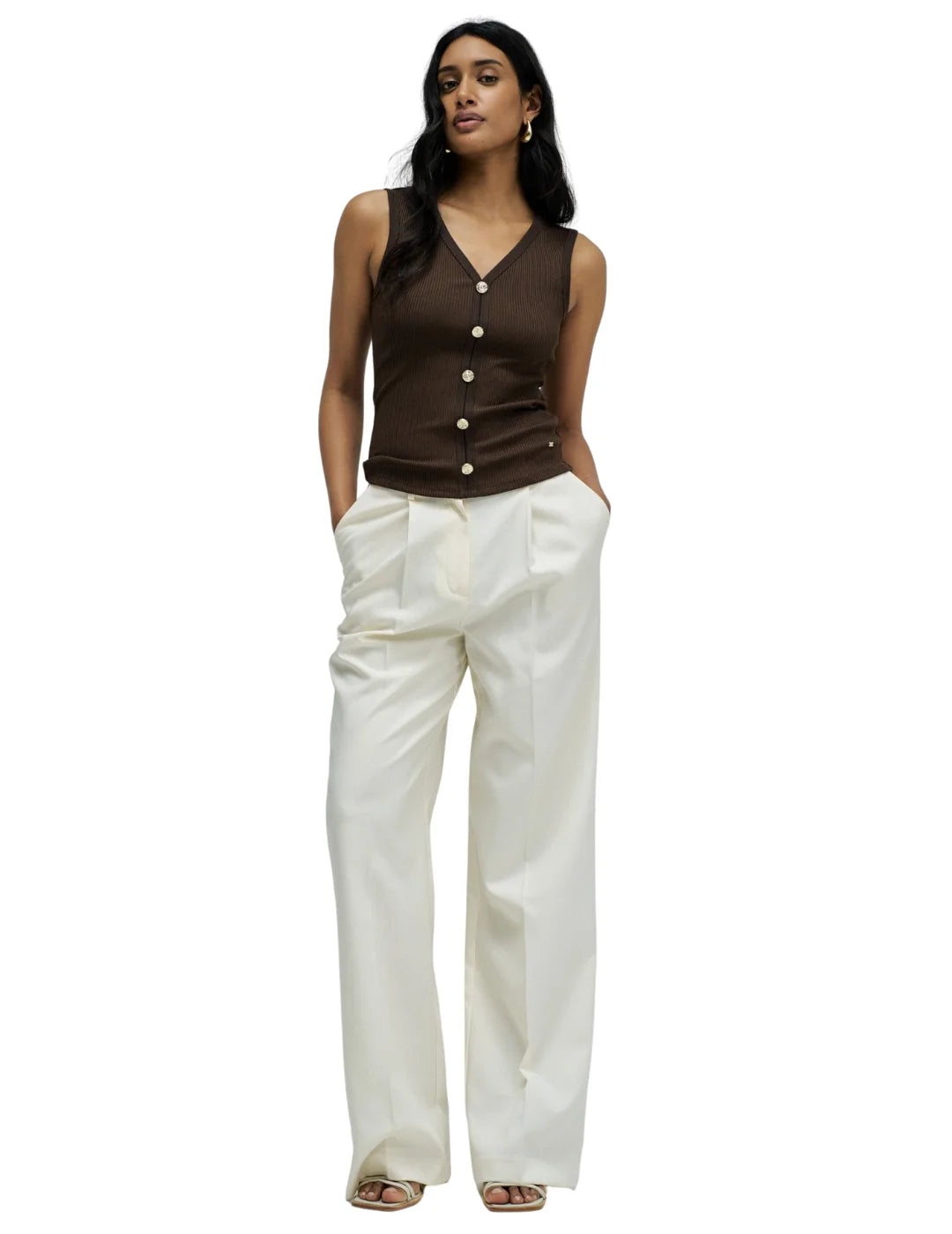 Top Acanalado Botones Salsa Jeans Marrón | Bicos de Fío