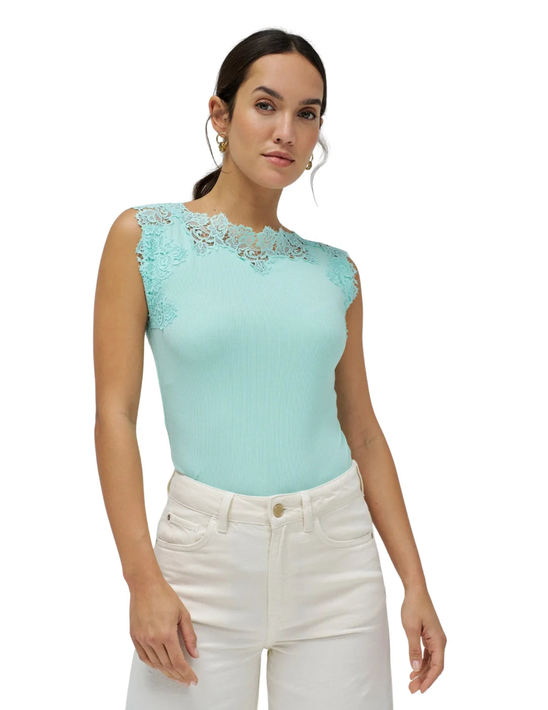 Top Cuello Barco Encaje Salsa Jeans Azul | Bicos de Fío