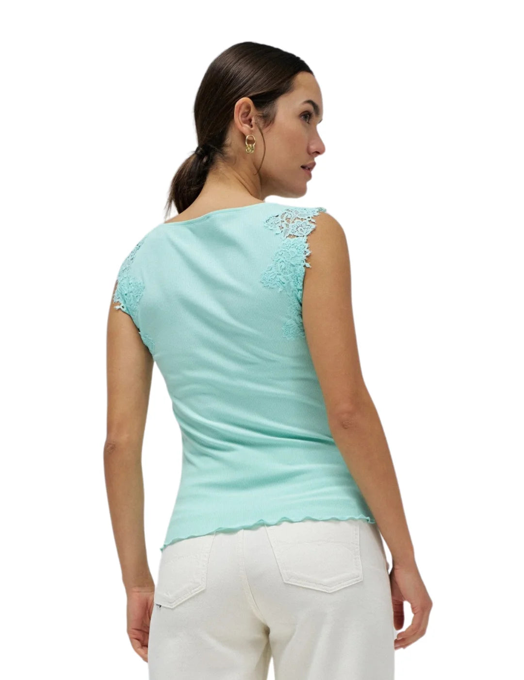 Top Cuello Barco Encaje Salsa Jeans Azul | Bicos de Fío