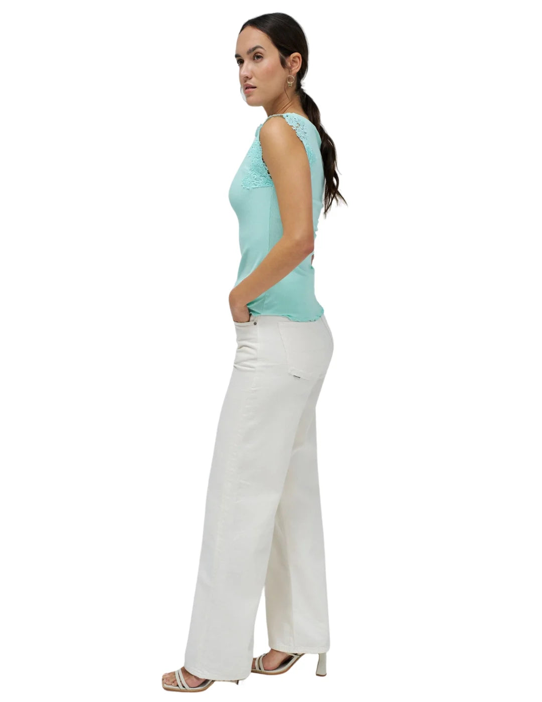 Top Cuello Barco Encaje Salsa Jeans Azul | Bicos de Fío