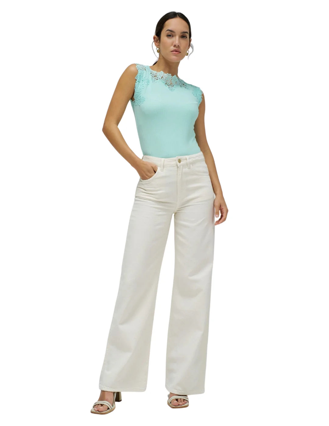 Top Cuello Barco Encaje Salsa Jeans Azul | Bicos de Fío