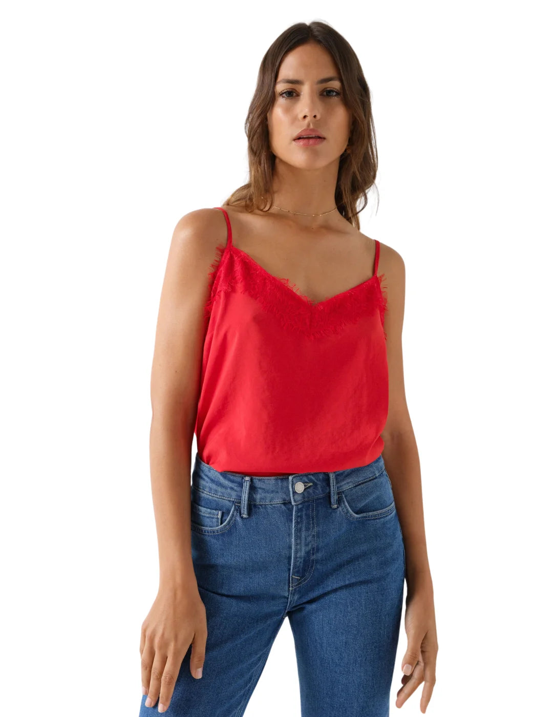 Top De Satén Con Encaje Salsa Jeans Rojo | Bicos de Fío
