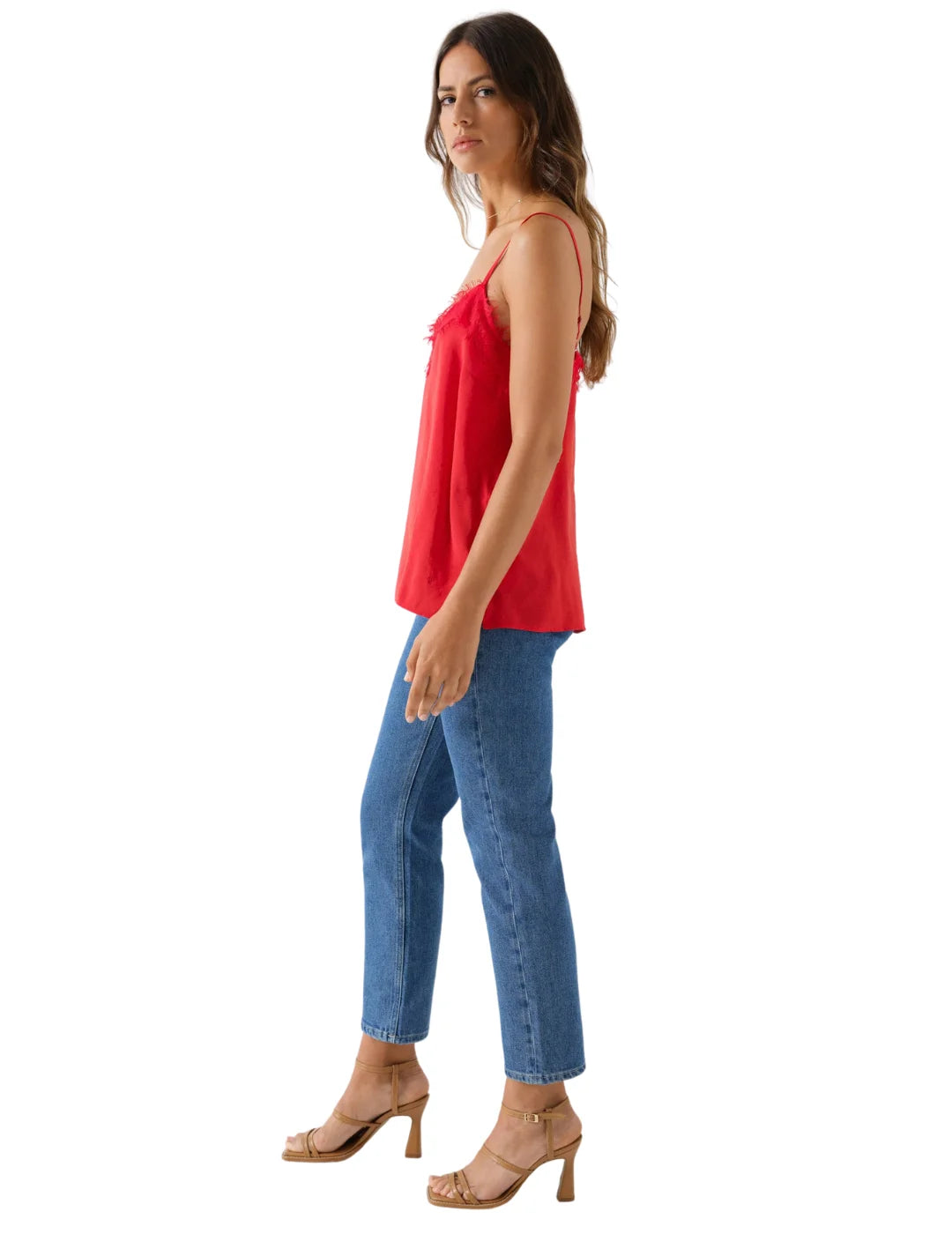 Top De Satén Con Encaje Salsa Jeans Rojo | Bicos de Fío