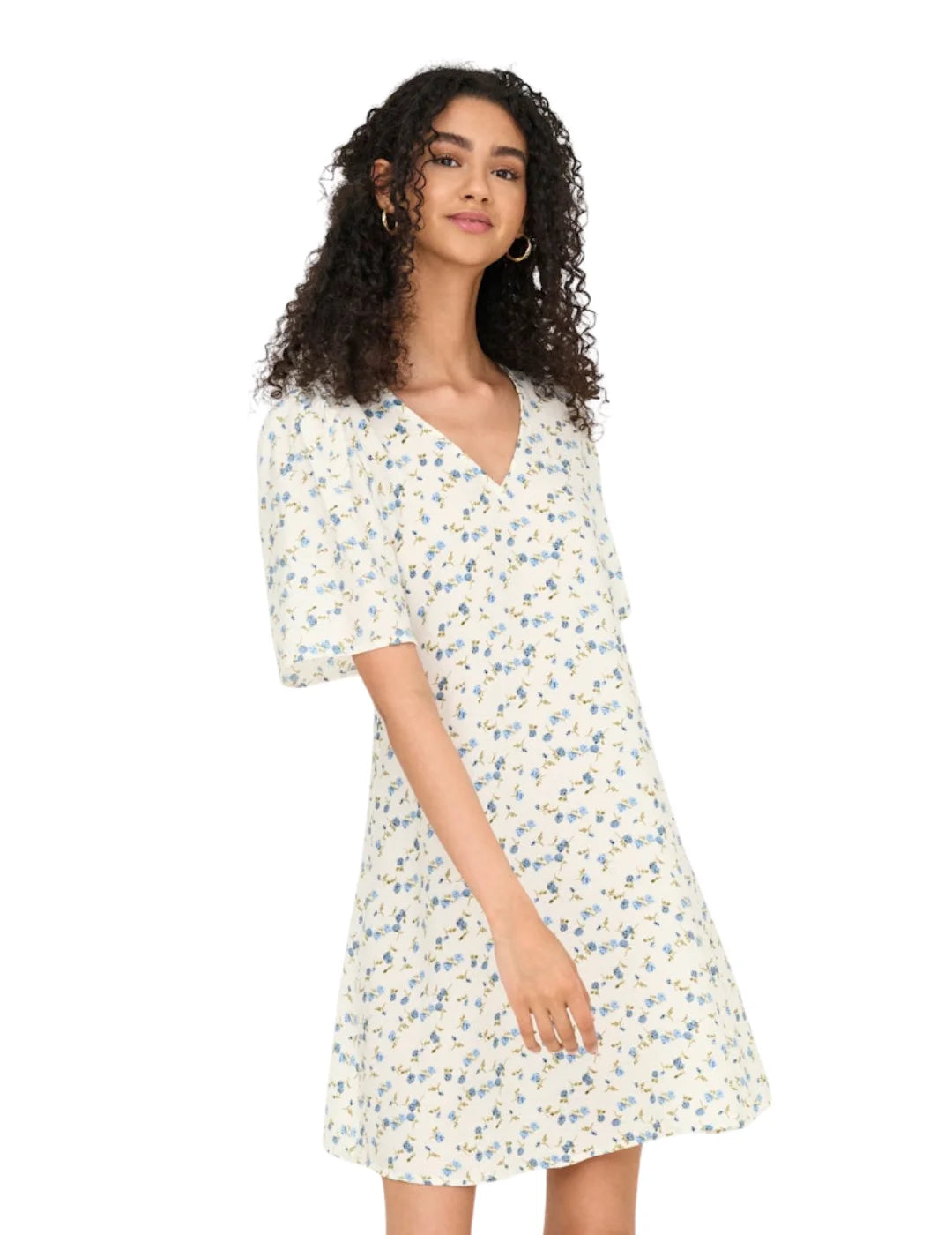 Vestido Corto JDY Carrie Blanco Flores Azules | Bicos de Fío