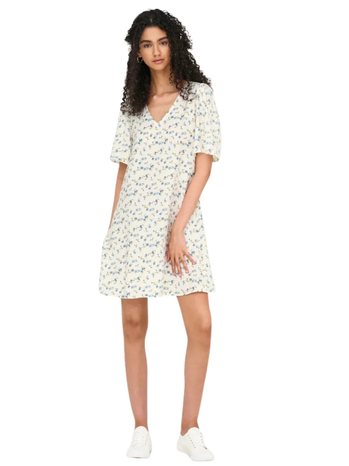 Vestido Corto JDY Carrie Blanco Flores Azules | Bicos de Fío