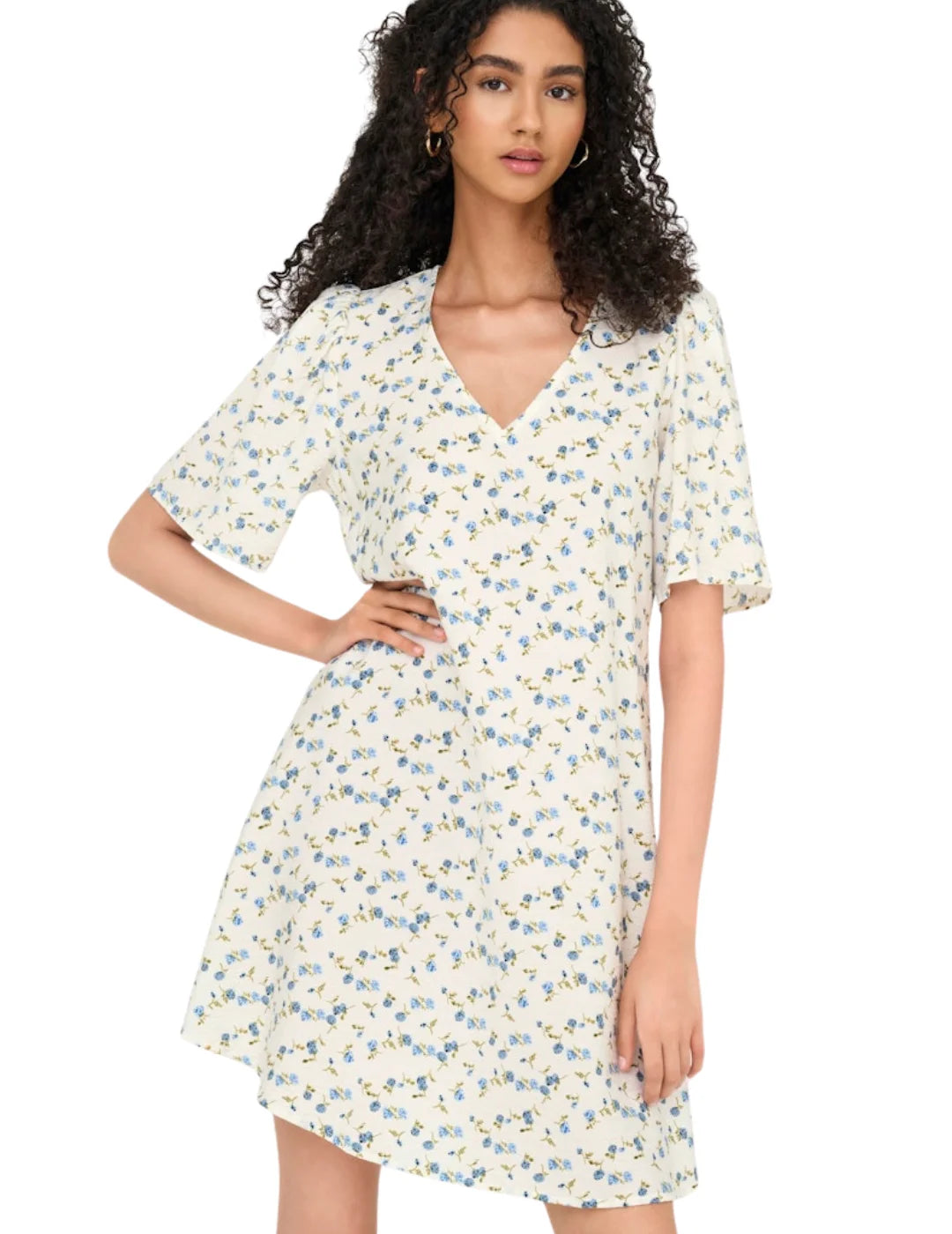 Vestido Corto JDY Carrie Blanco Flores Azules | Bicos de Fío