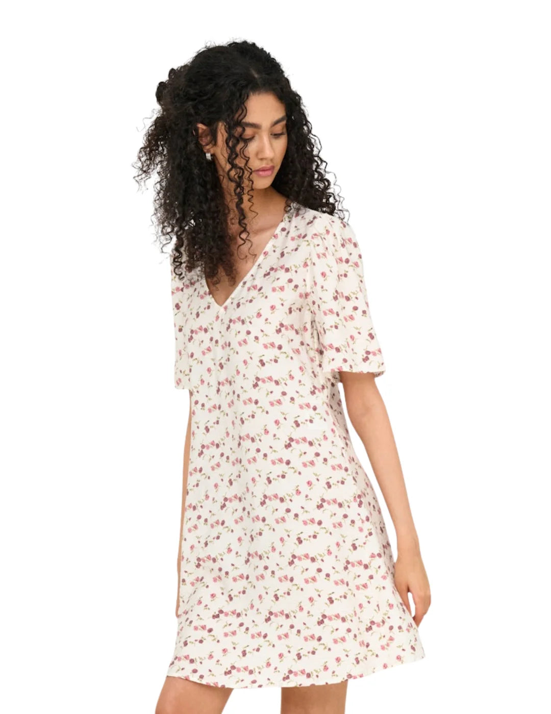Vestido Corto JDY Carrie Blanco Flores Rosas | Bicos de Fío