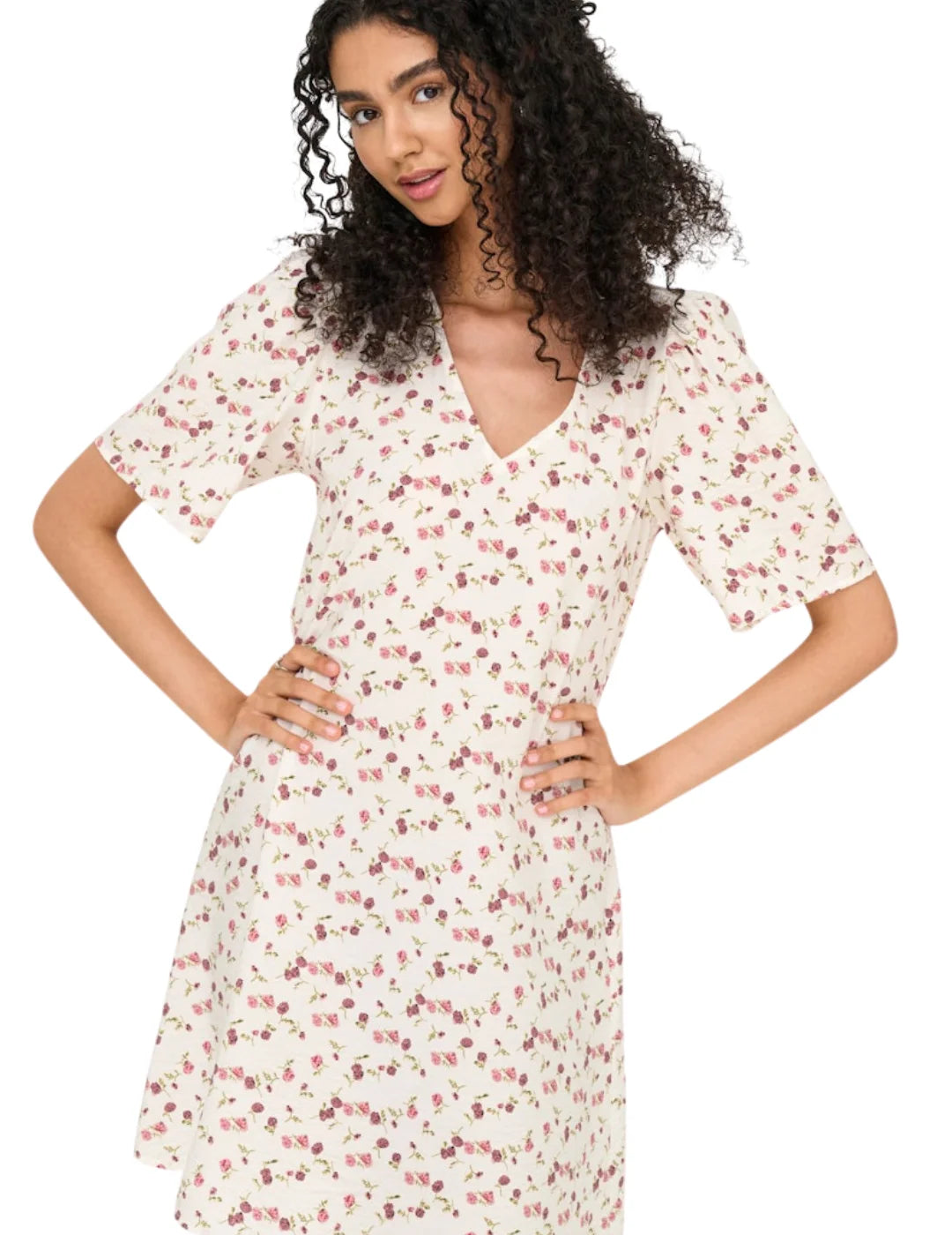 Vestido Corto JDY Carrie Blanco Flores Rosas | Bicos de Fío