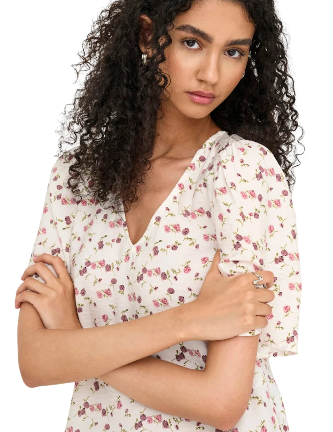 Vestido Corto JDY Carrie Blanco Flores Rosas | Bicos de Fío