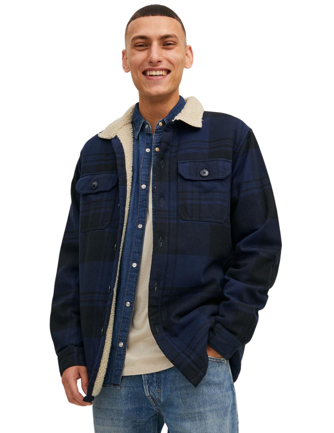 Sobrecamisa de cuadros con borreguillo Jack and Jones Azul - Bicos de Fío