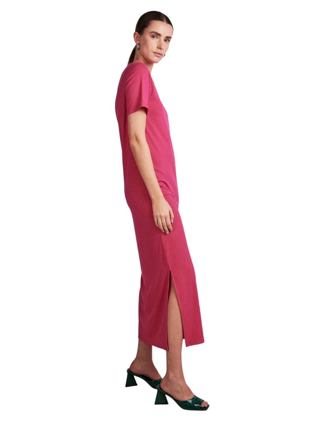 Lateral Vestido largo Pieces Kylie Fucsia - Bicos de Fío