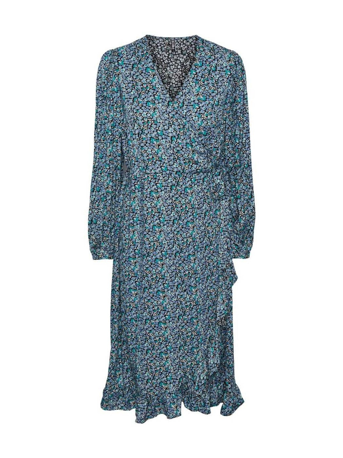 Vestido midi estampado Pieces Brock Azul - Bicos de Fío