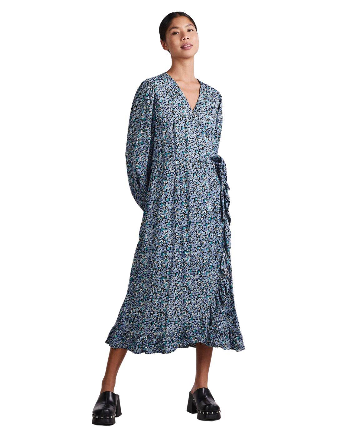 Vestido midi estampado Pieces Brock Azul - Bicos de Fío