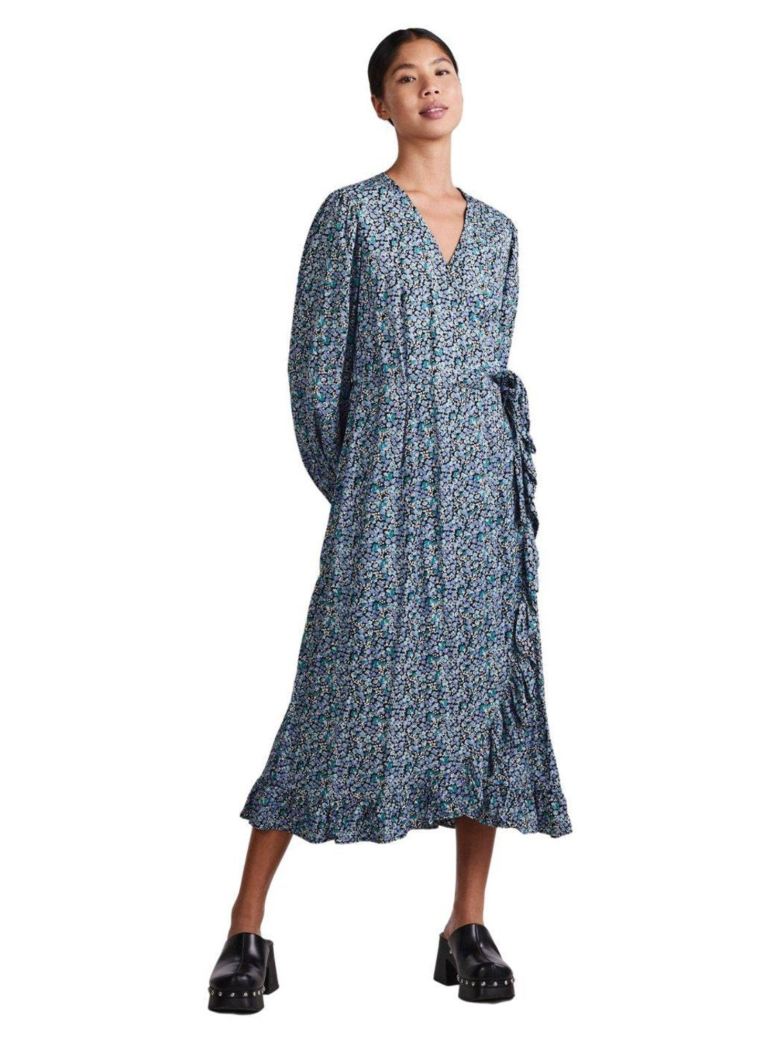 Vestido midi estampado Pieces Brock Azul - Bicos de Fío