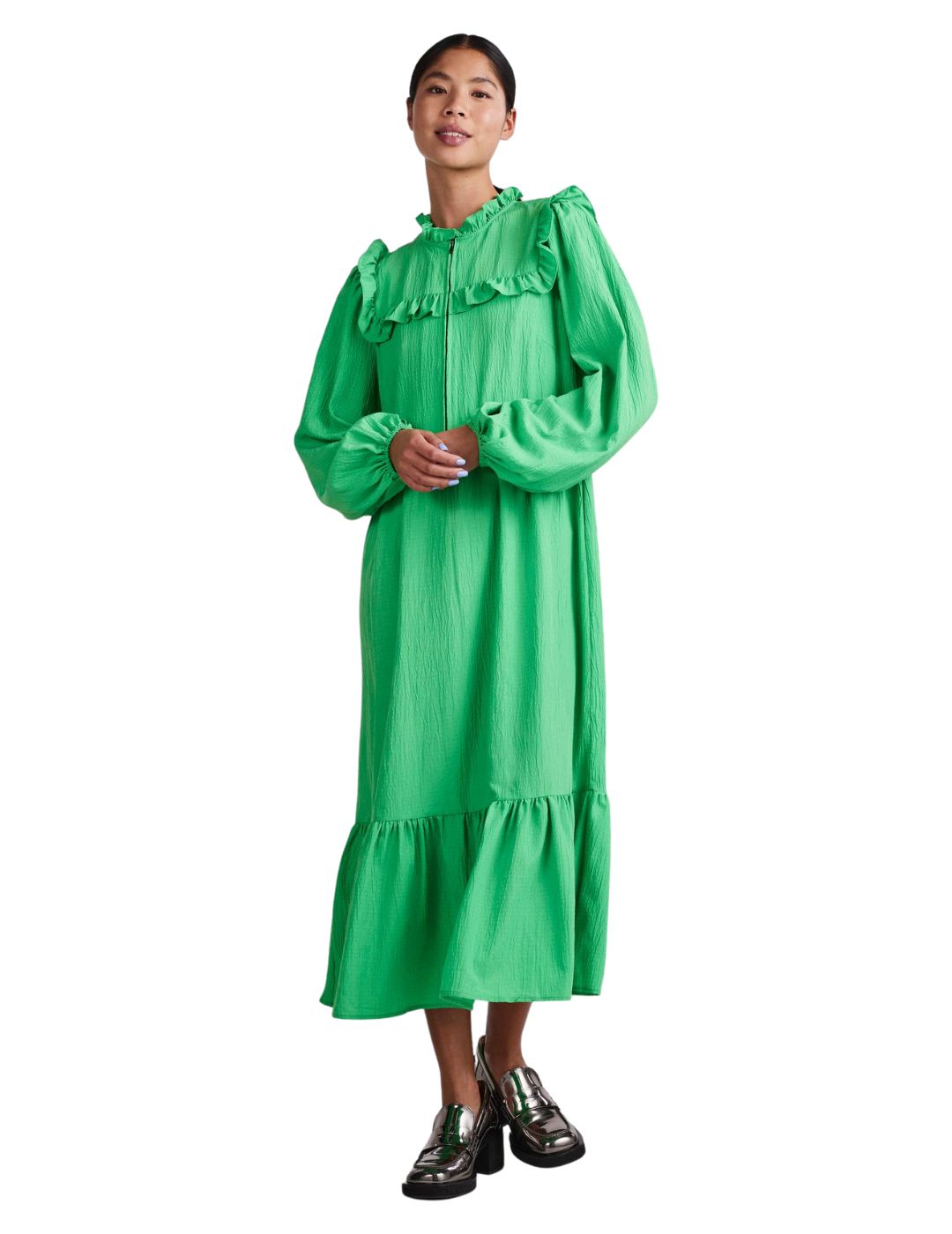 Vestido midi Pieces Brianna Verde - Bicos de Fío