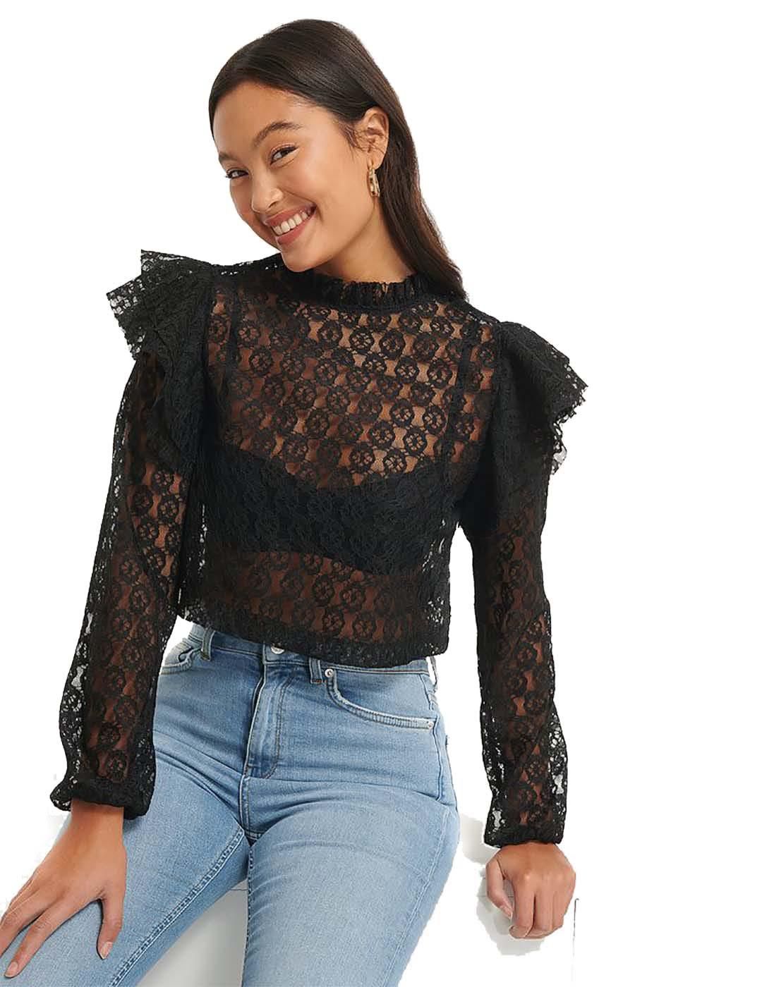 Blusa con volantes NA-KD Negro - Bicos de Fío