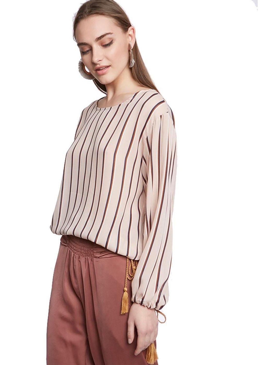 Blusa MEISIE Rayas Fruncido Beige - Bicos de Fío