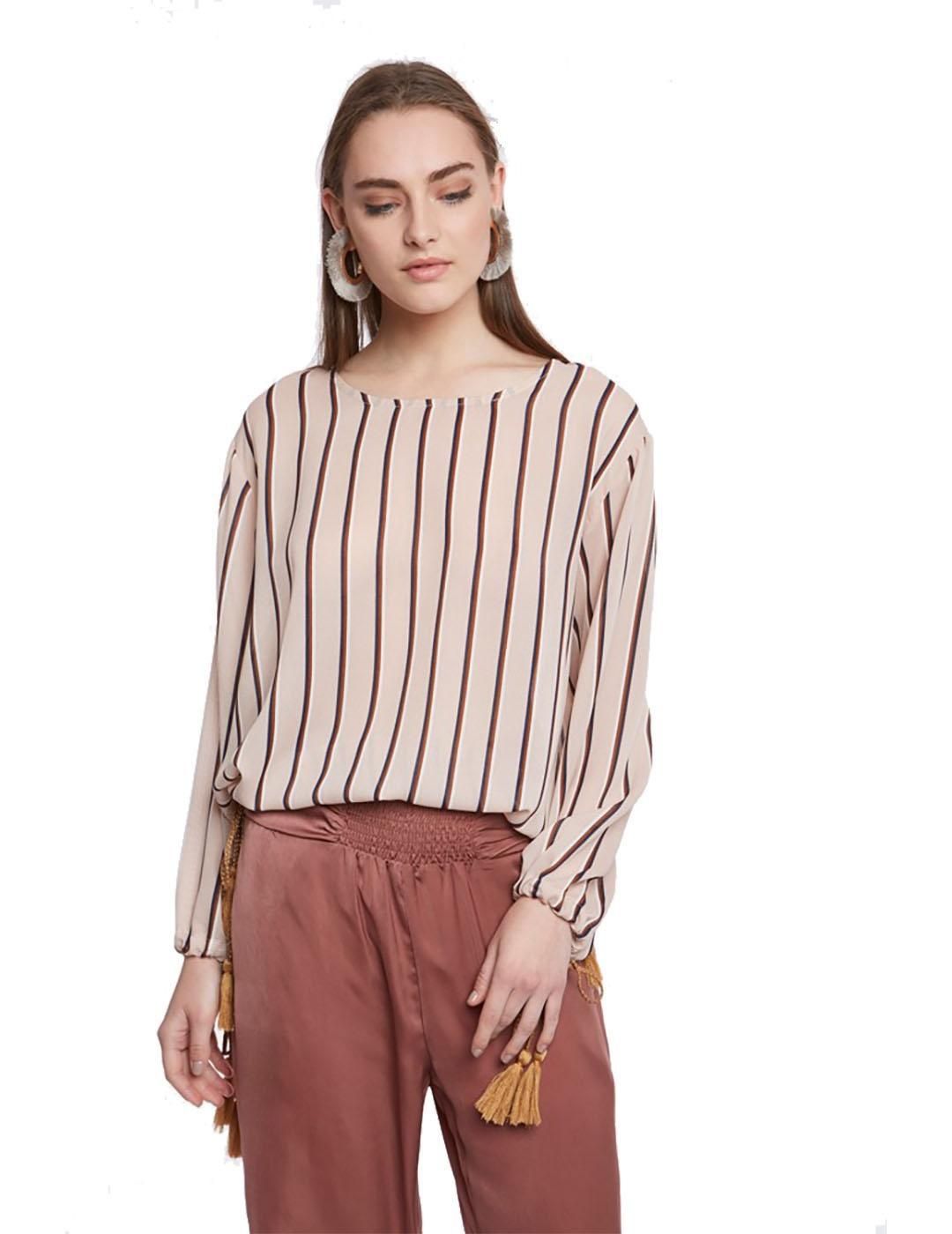 Blusa MEISIE Rayas Fruncido Beige - Bicos de Fío