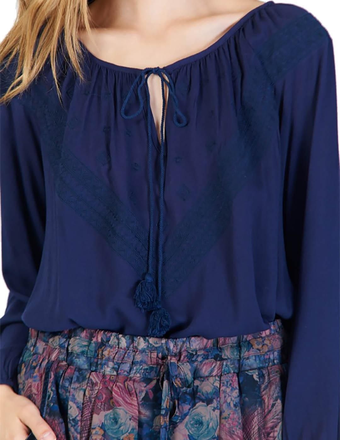 Blusa m/l MEISIE Bordado Azul Marino - Bicos de Fío