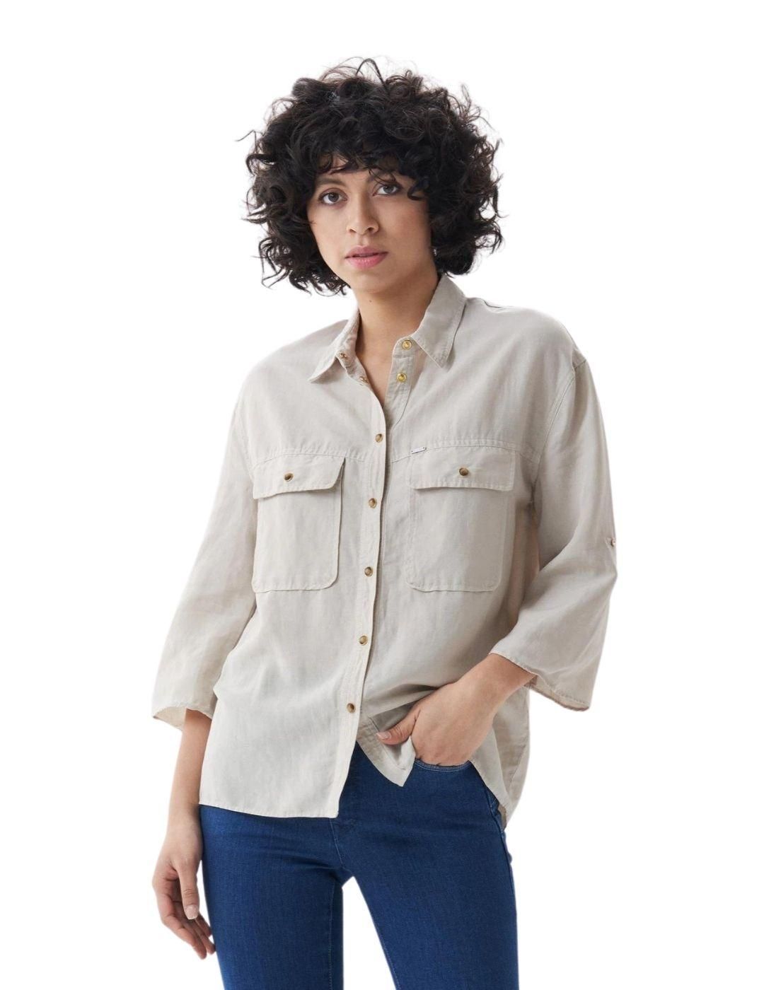 Camisa de tencel con bolsillo Salsa Jeans Arena - Bicos de Fío