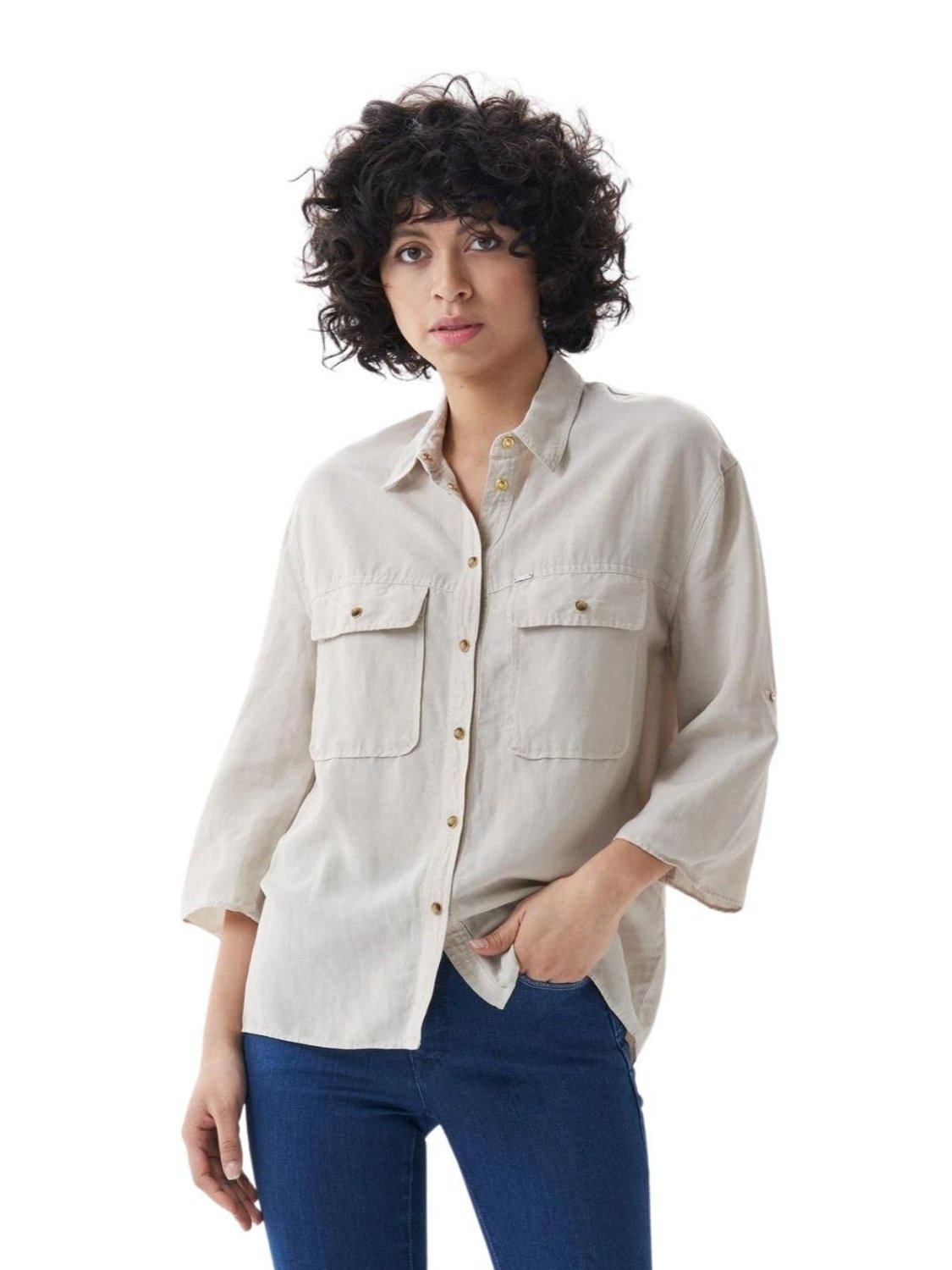 Camisa de tencel con bolsillo Salsa Jeans Arena - Bicos de Fío