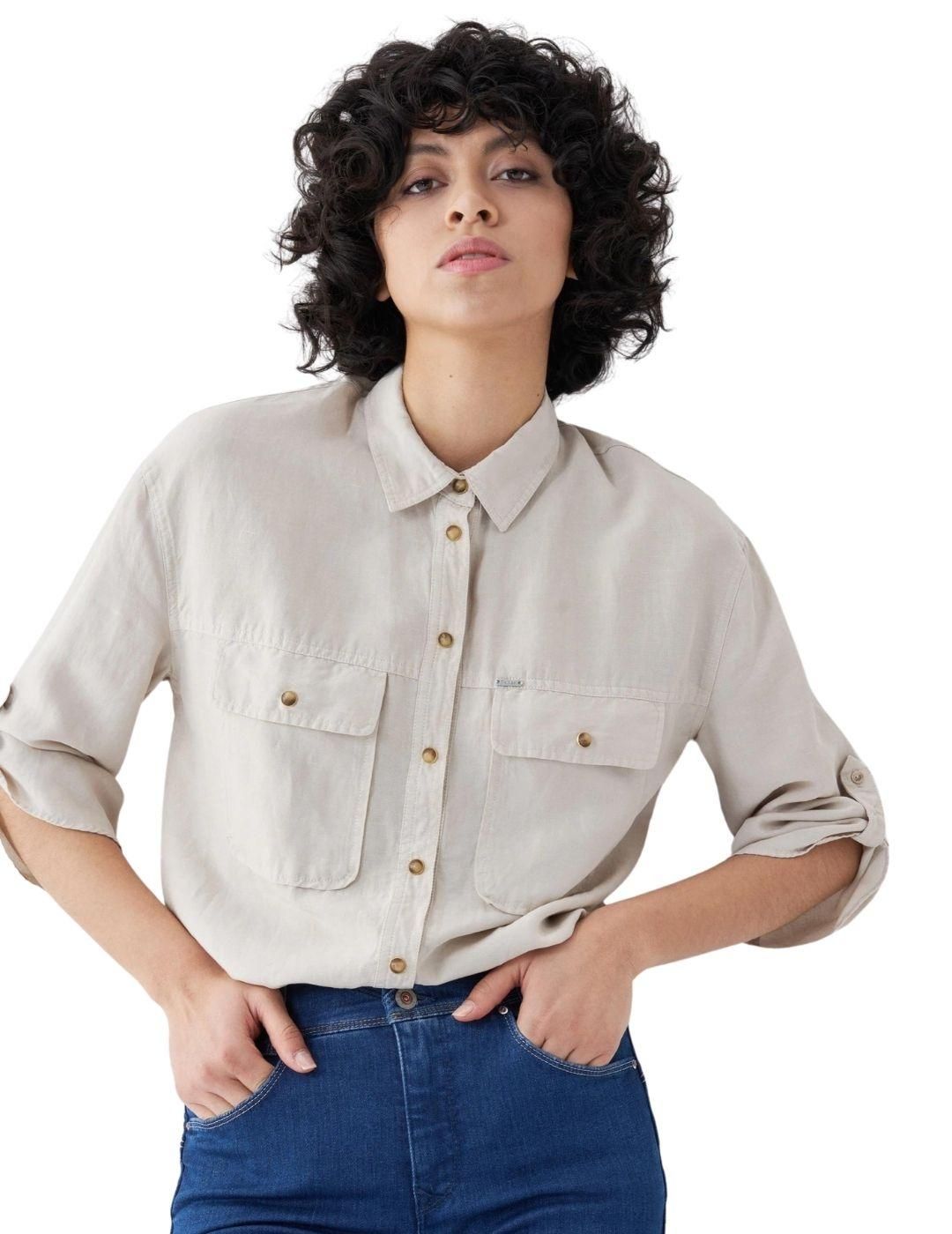 Camisa de tencel con bolsillo Salsa Jeans Arena - Bicos de Fío