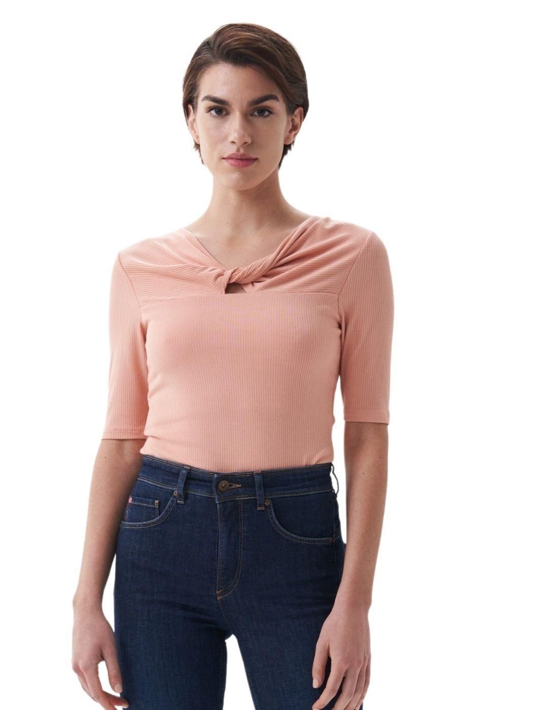 Camiseta con nudo en escote Salsa Jeans Rosa - Bicos de Fío