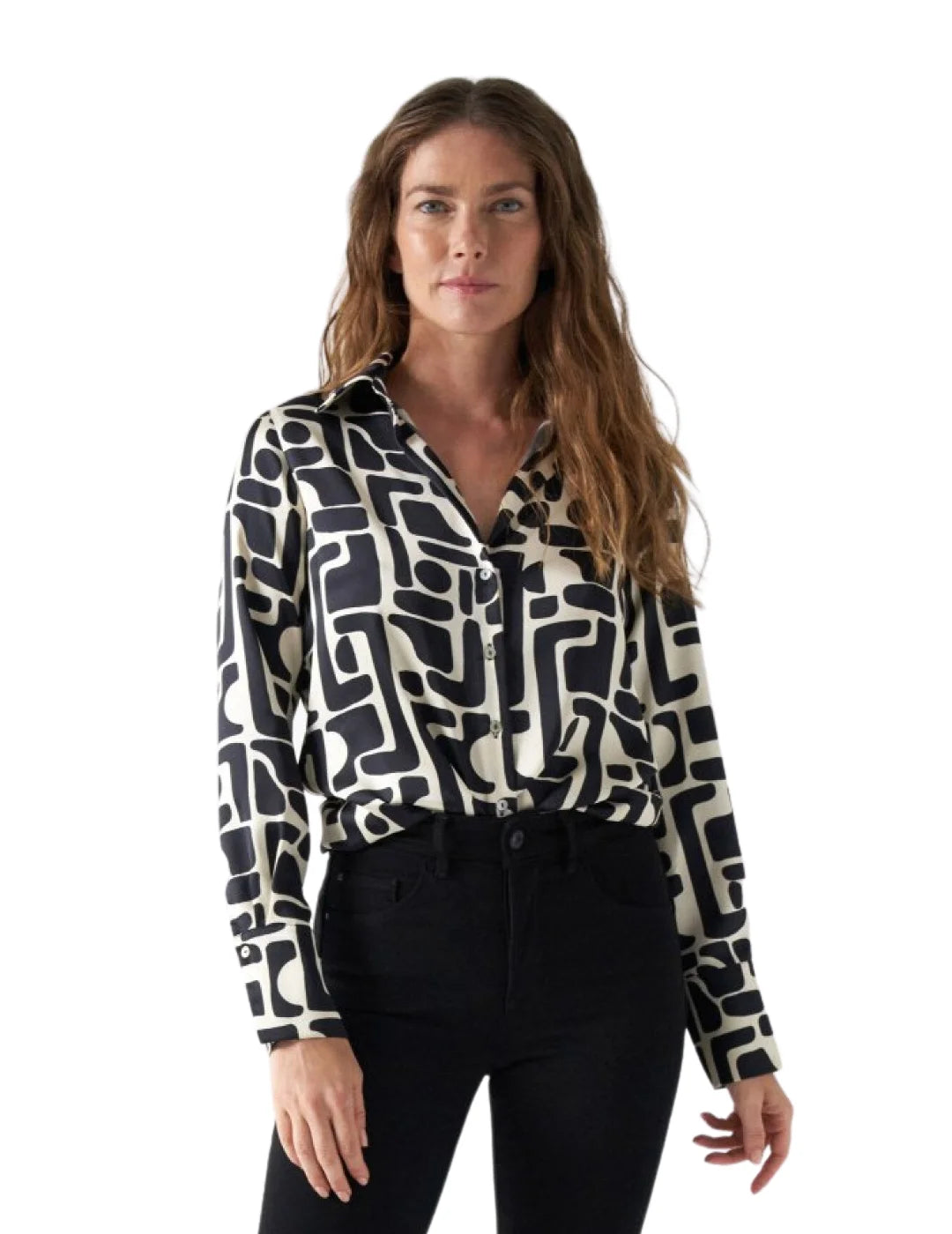 Camisa Satinada Mujer Salsa Estampada Negro | Bicos de Fío