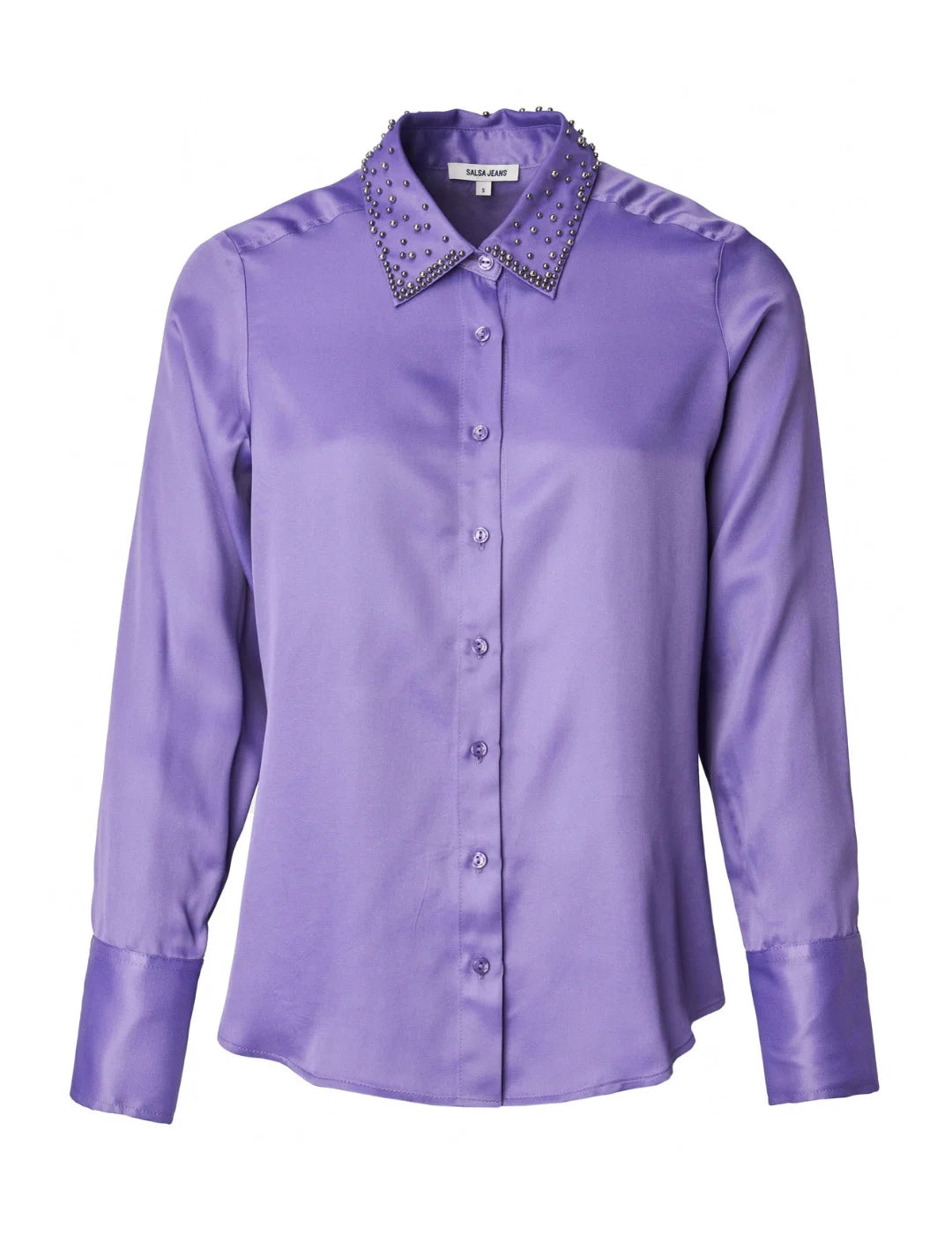 Camisa Satinada Apliques Salsa Violeta | Bicos de Fío