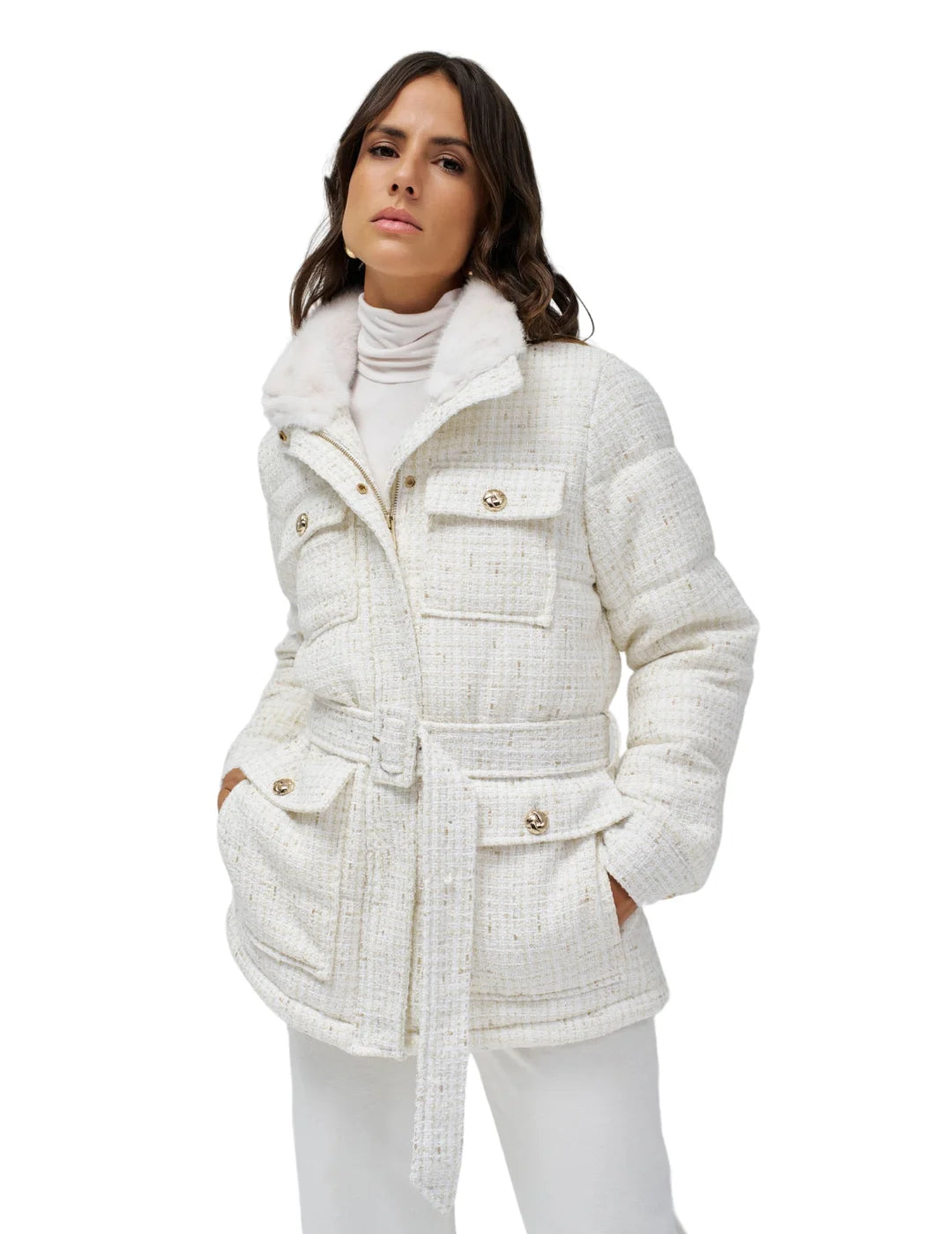 Abrigo Acolchado Tweed Salsa Jeans Blanco Bicos de Fío