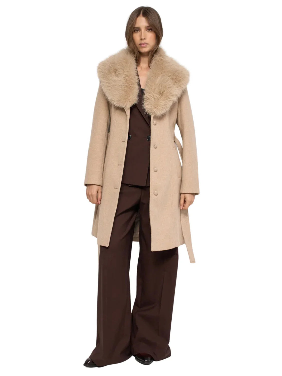 Abrigo Grace Lana Cuello Pelo Salsa Jeans Beige | Bicos de Fío