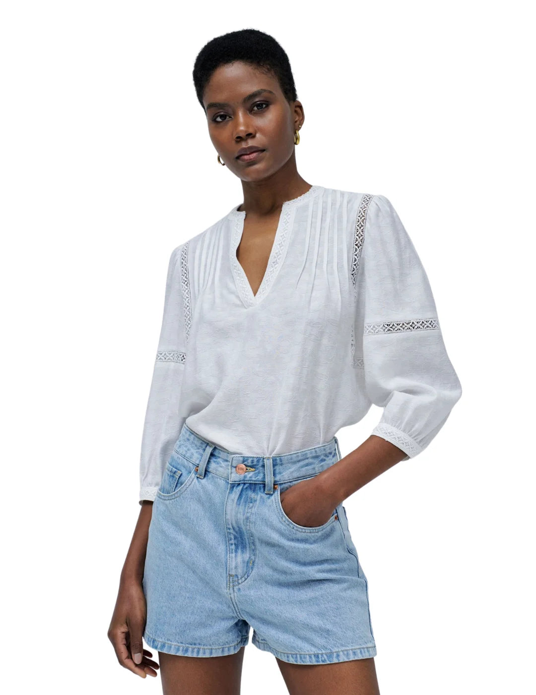 Blusa Bordado Jacquard Blanco | Bicos de Fío