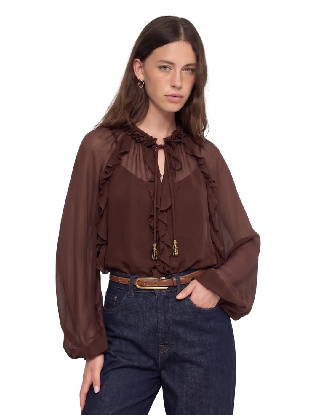 Blusa Con Volantes Salsa Jeans Marrón | Bicos de Fío