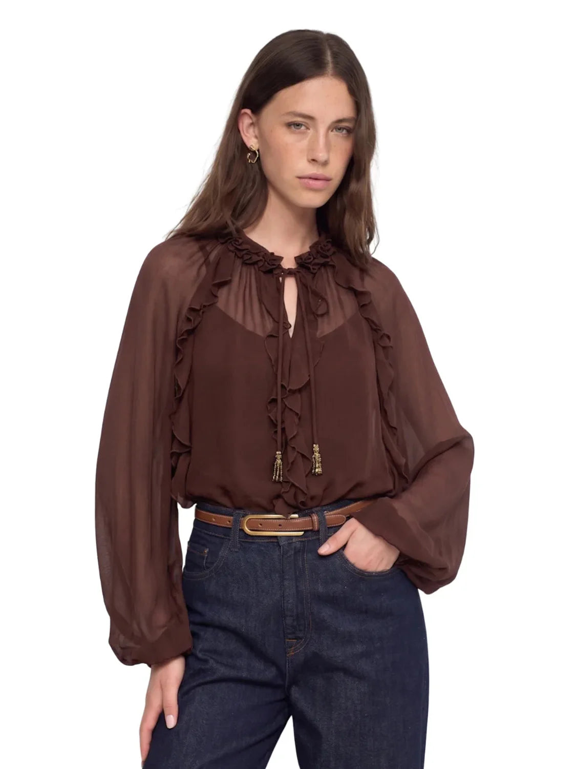Blusa Con Volantes Salsa Jeans Marrón | Bicos de Fío