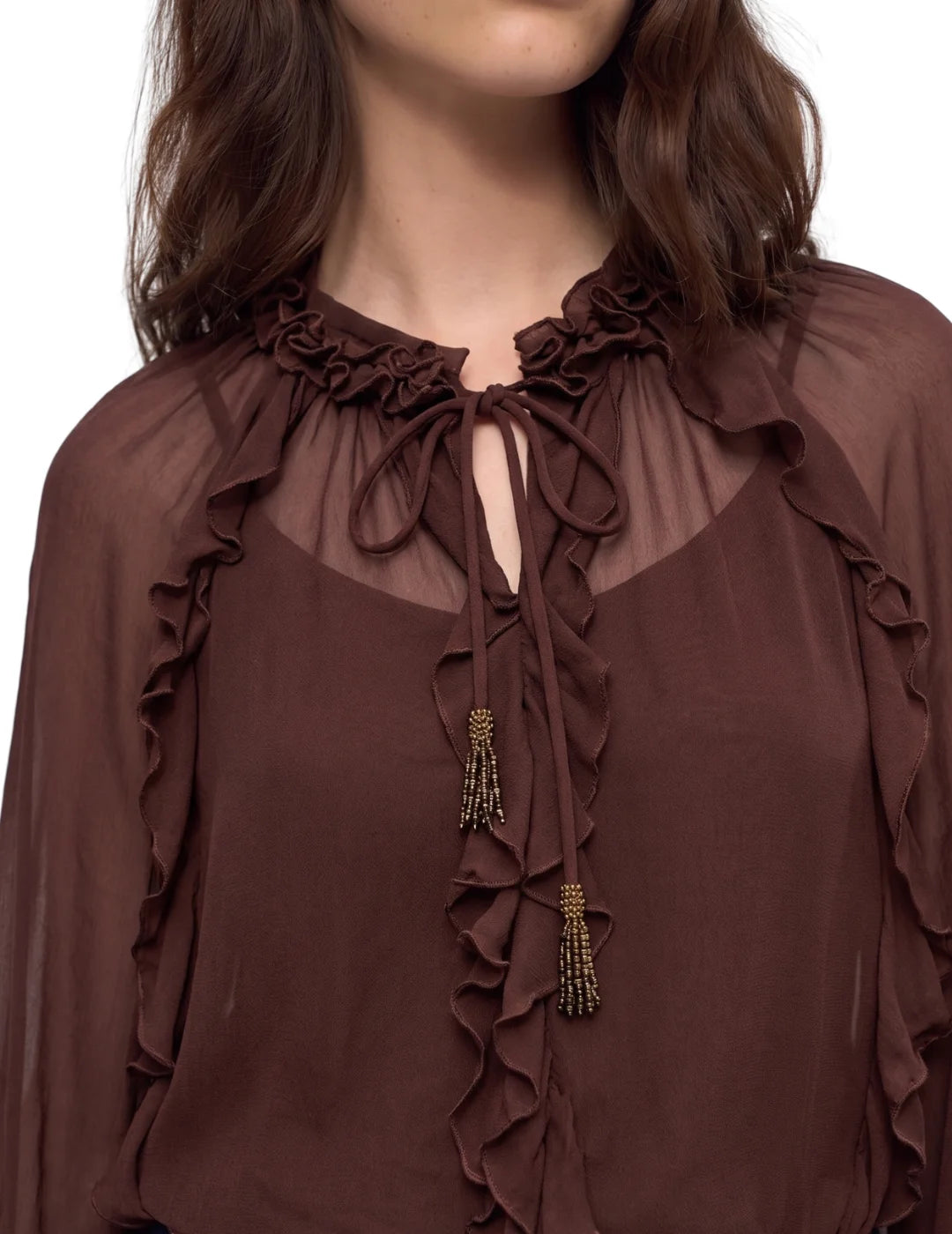 Blusa Con Volantes Salsa Jeans Marrón | Bicos de Fío