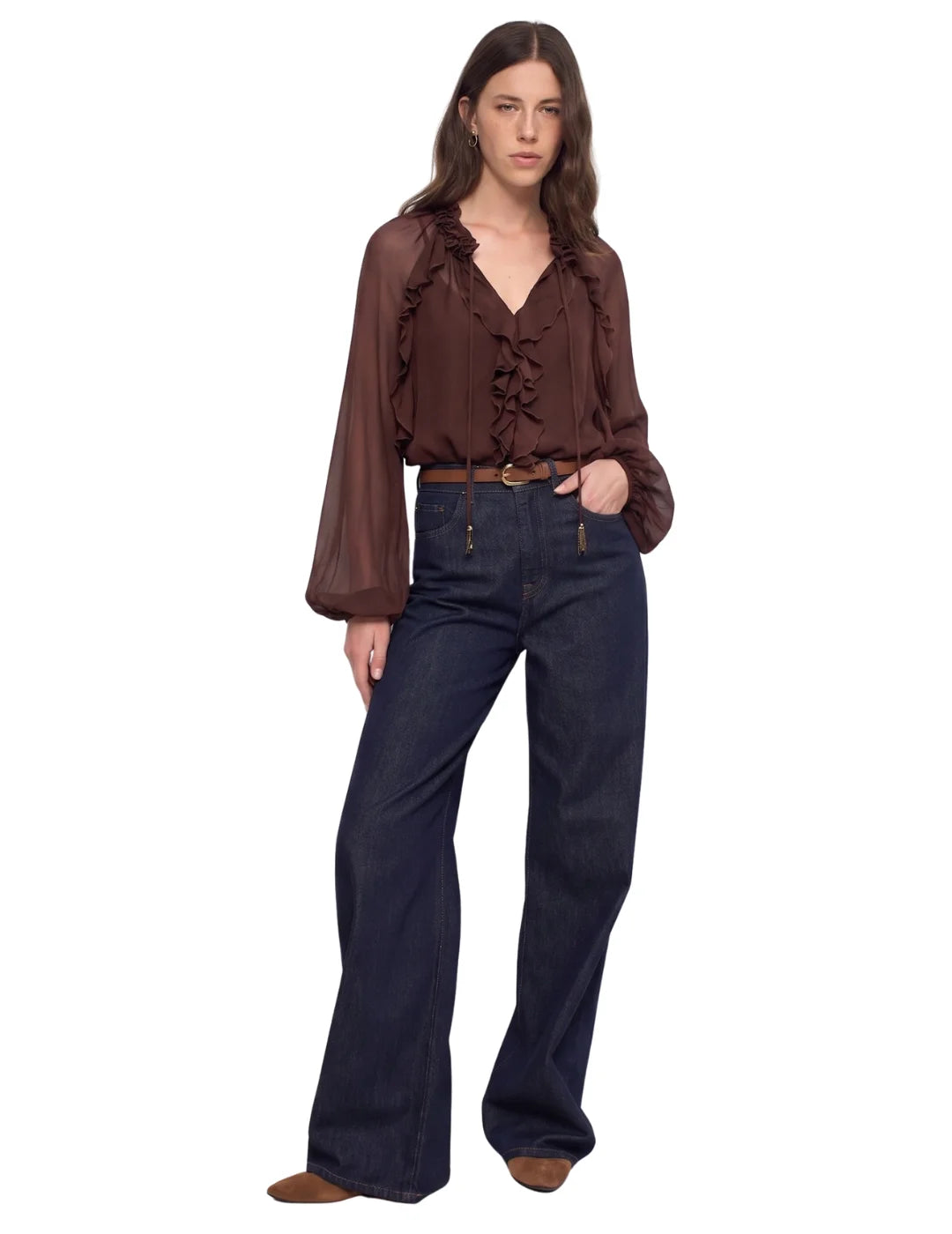 Blusa Con Volantes Salsa Jeans Marrón | Bicos de Fío