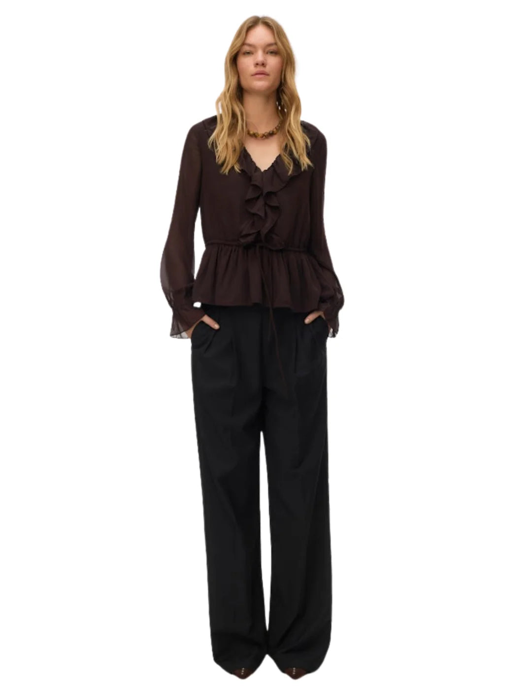 Blusa Volantes Vero Moda Dora Chocolate | Bicos de Fío