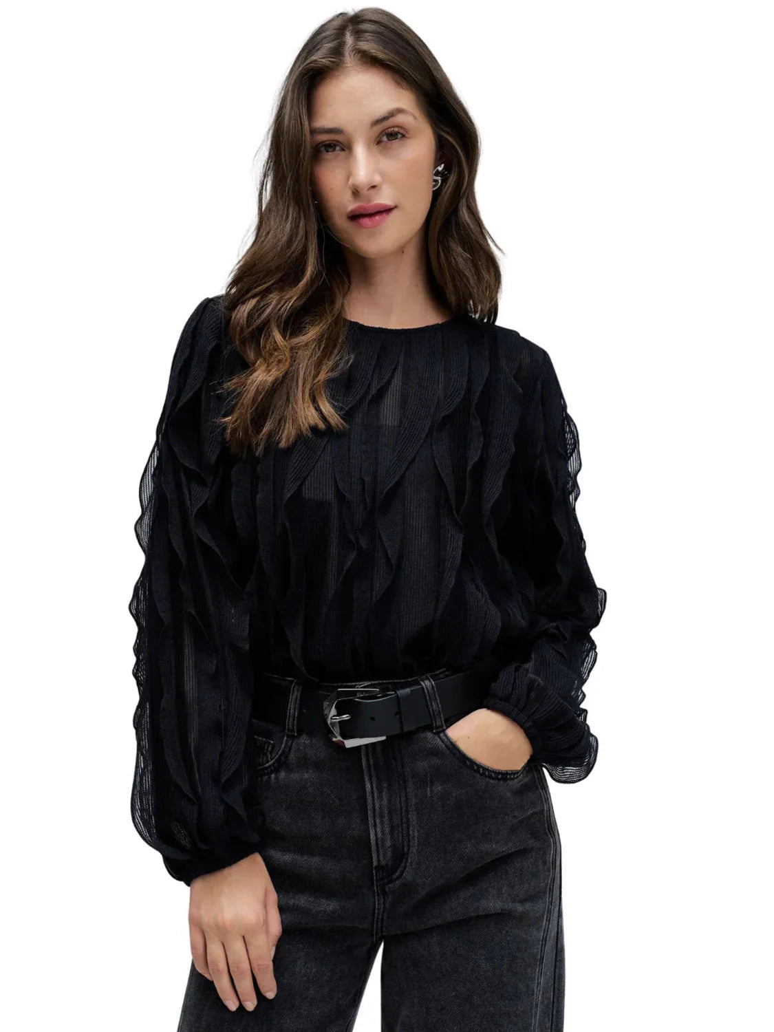 Blusa Volantes Salsa Jeans Negro | Bicos de Fío