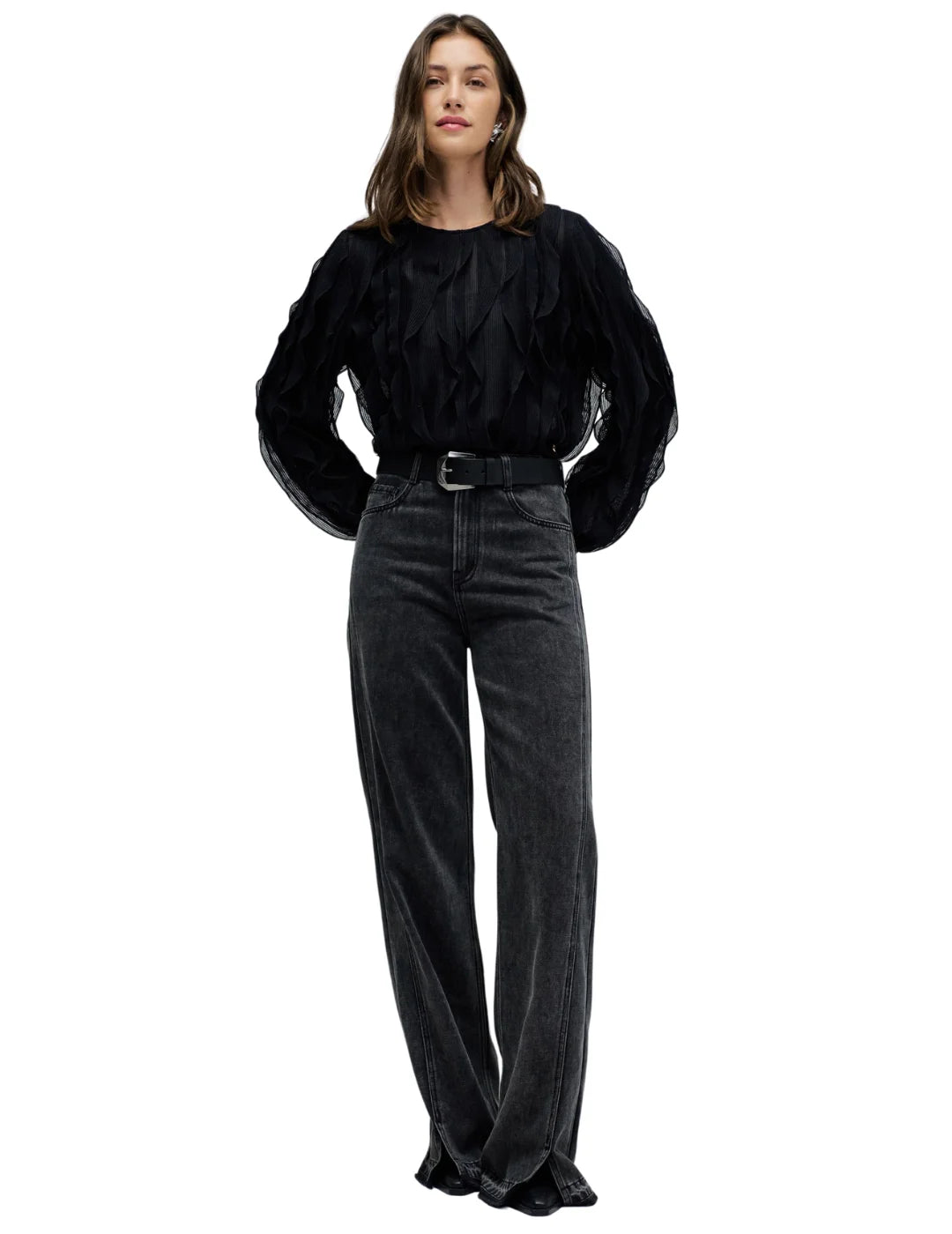Blusa Volantes Salsa Jeans Negro | Bicos de Fío