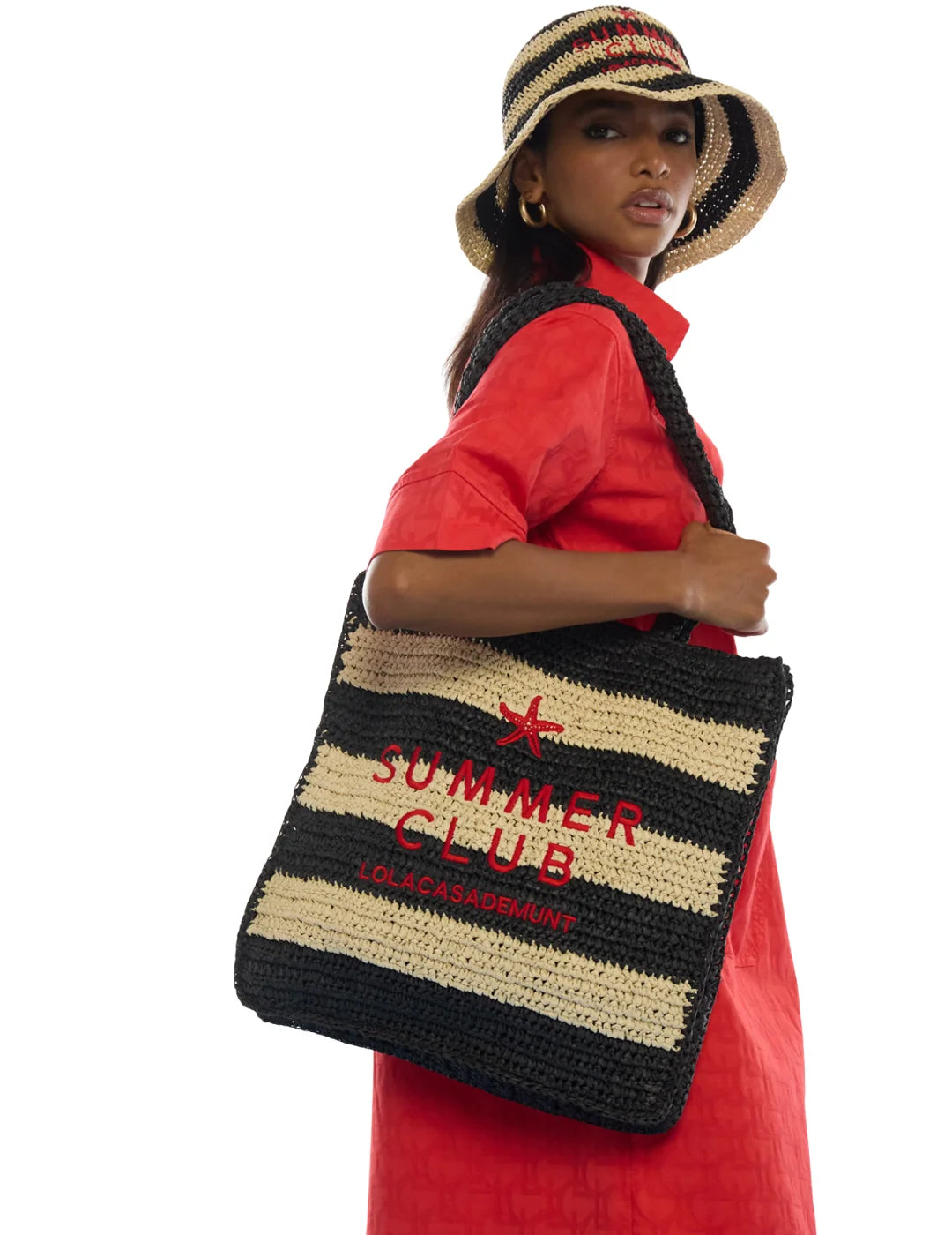 Bolso Rafia Lola Casademunt Rayas Bordado Negro | Bicos de Fío