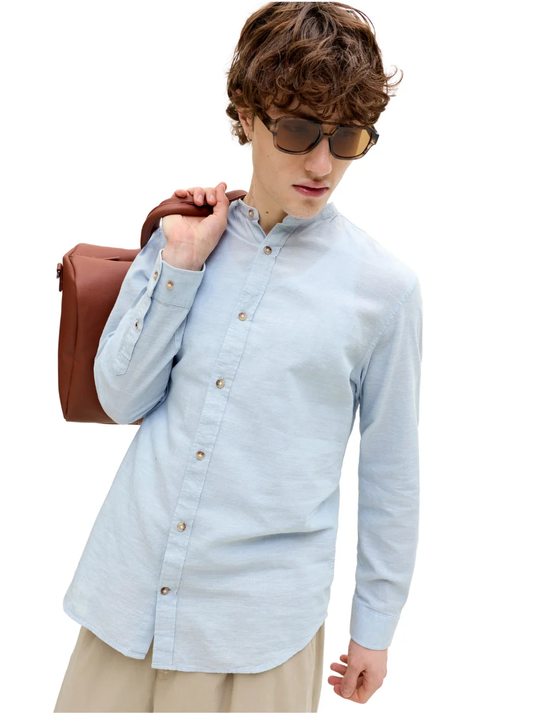 Camisa Lino Cuello Mao Jack&Jones Summer Azul Celeste | Bicos de Fío