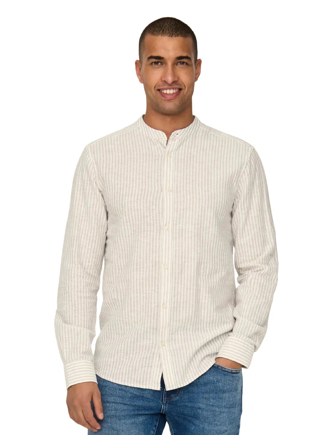 Camisa Cuello Mao Lino ONLY&SONS Caiden Beige | Bicos de Fío