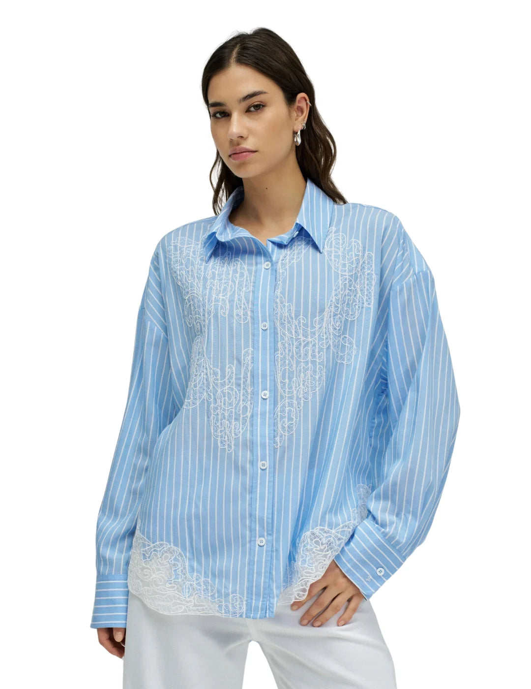 Camisa Rayas Encaje Salsa Jeans Azul | Bicos de Fío