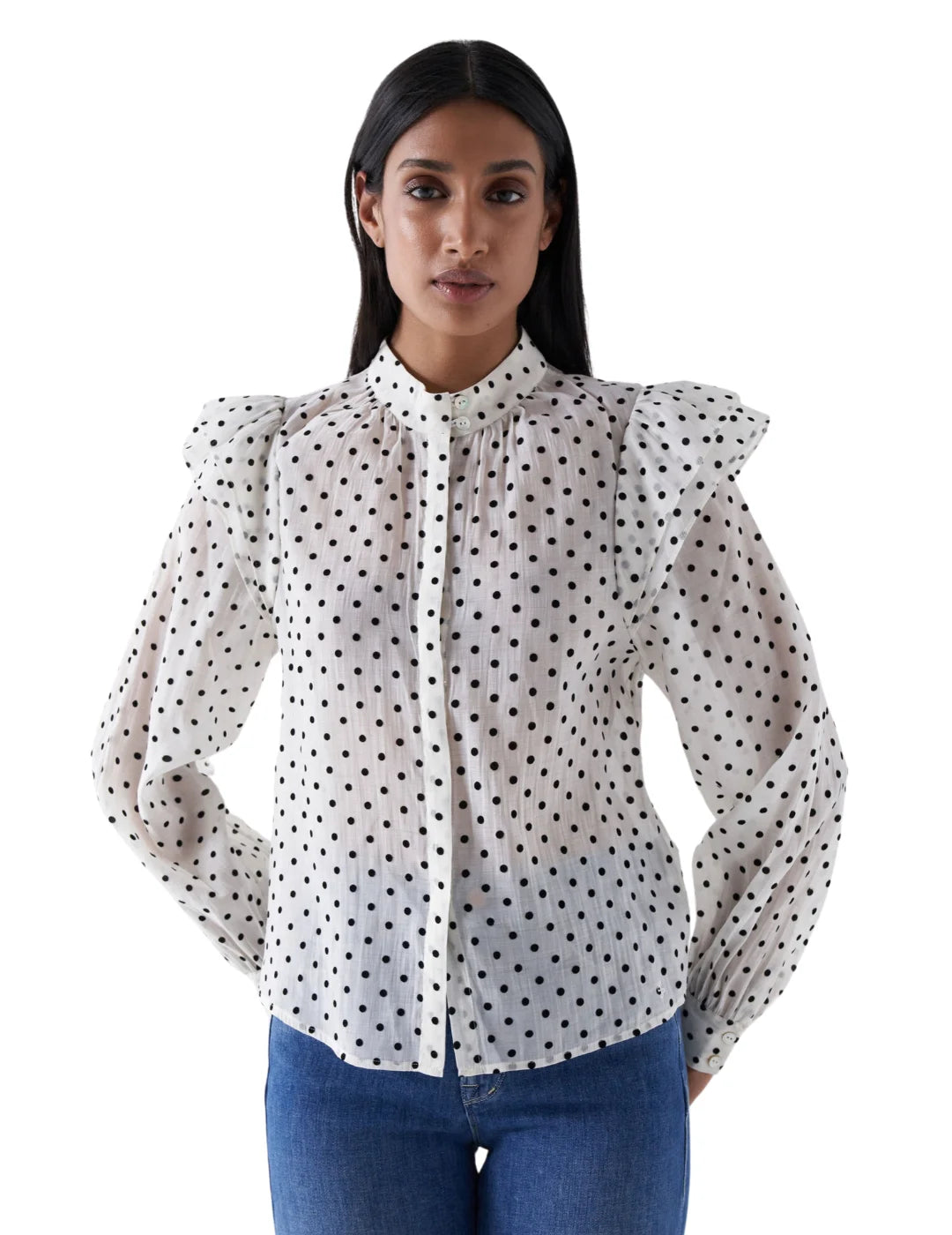 Camisa De Lunares y Volantes Salsa Jeans Blanco Bicos de Fío