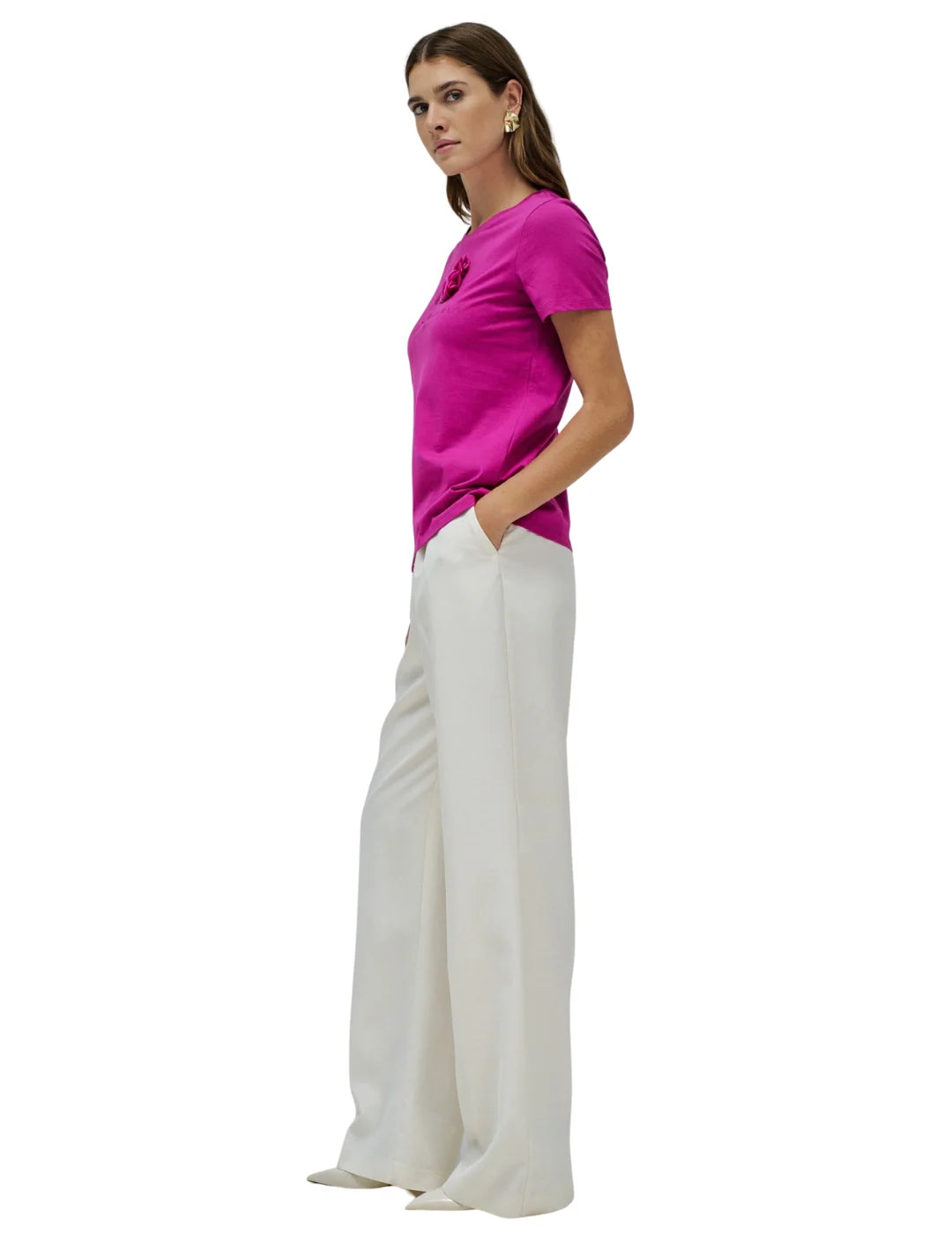 Camiseta Aplique Flores Salsa Jeans Fucsia | Bicos de Fío