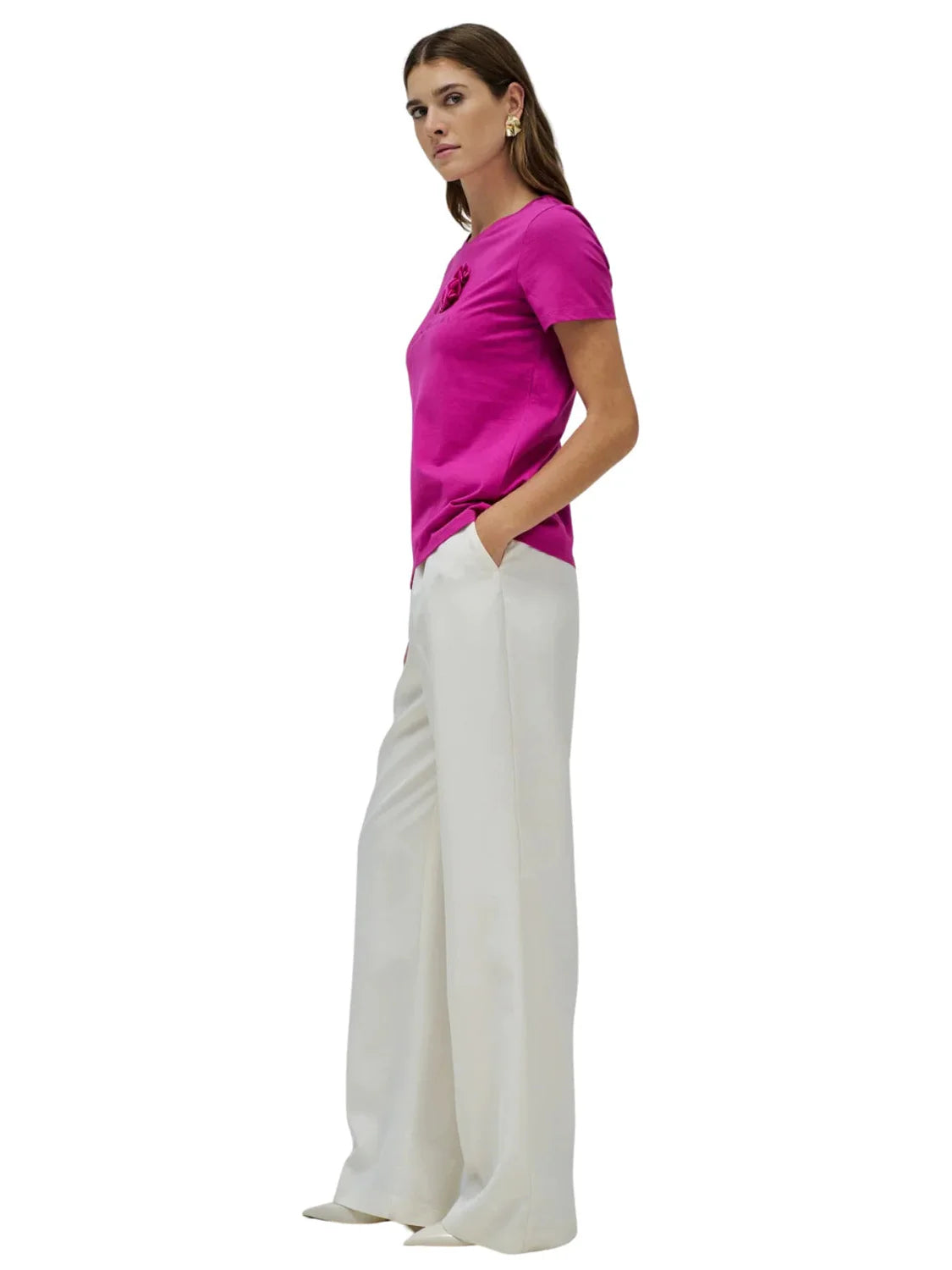 Camiseta Aplique Flores Salsa Jeans Fucsia | Bicos de Fío