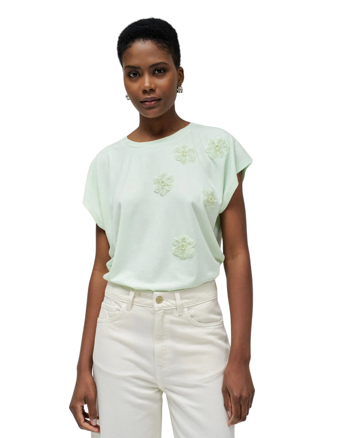 Camiseta Apliques Flores Salsa Jeans Verde | Bicos de Fío