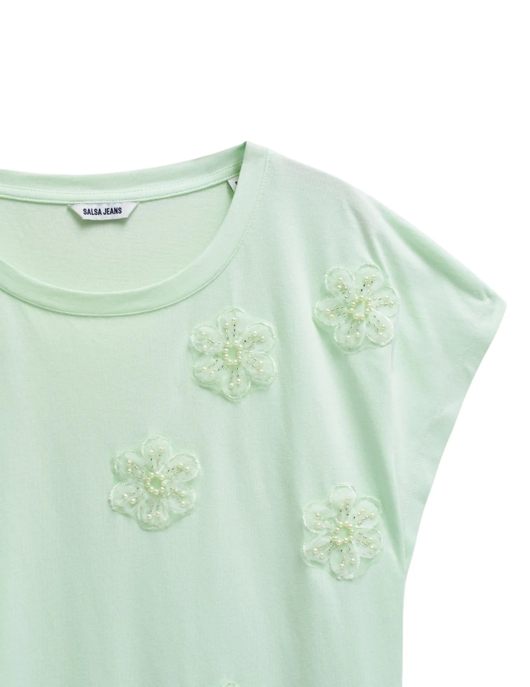 Camiseta Apliques Flores Salsa Jeans Verde | Bicos de Fío